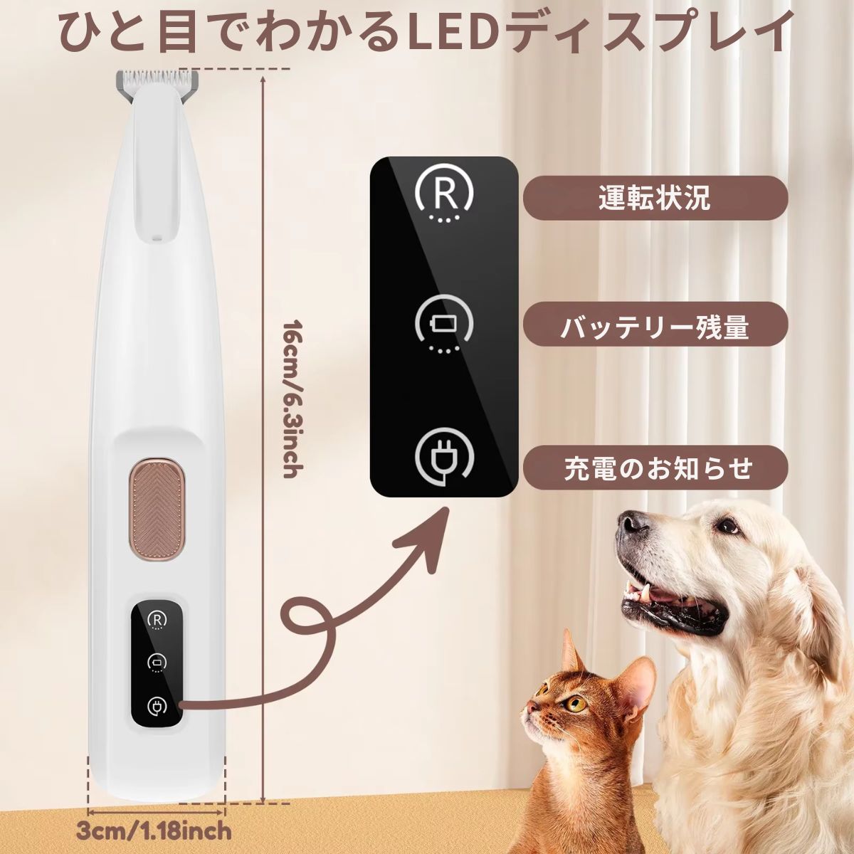 LEDライト付き ペット用部分ケアトリマー